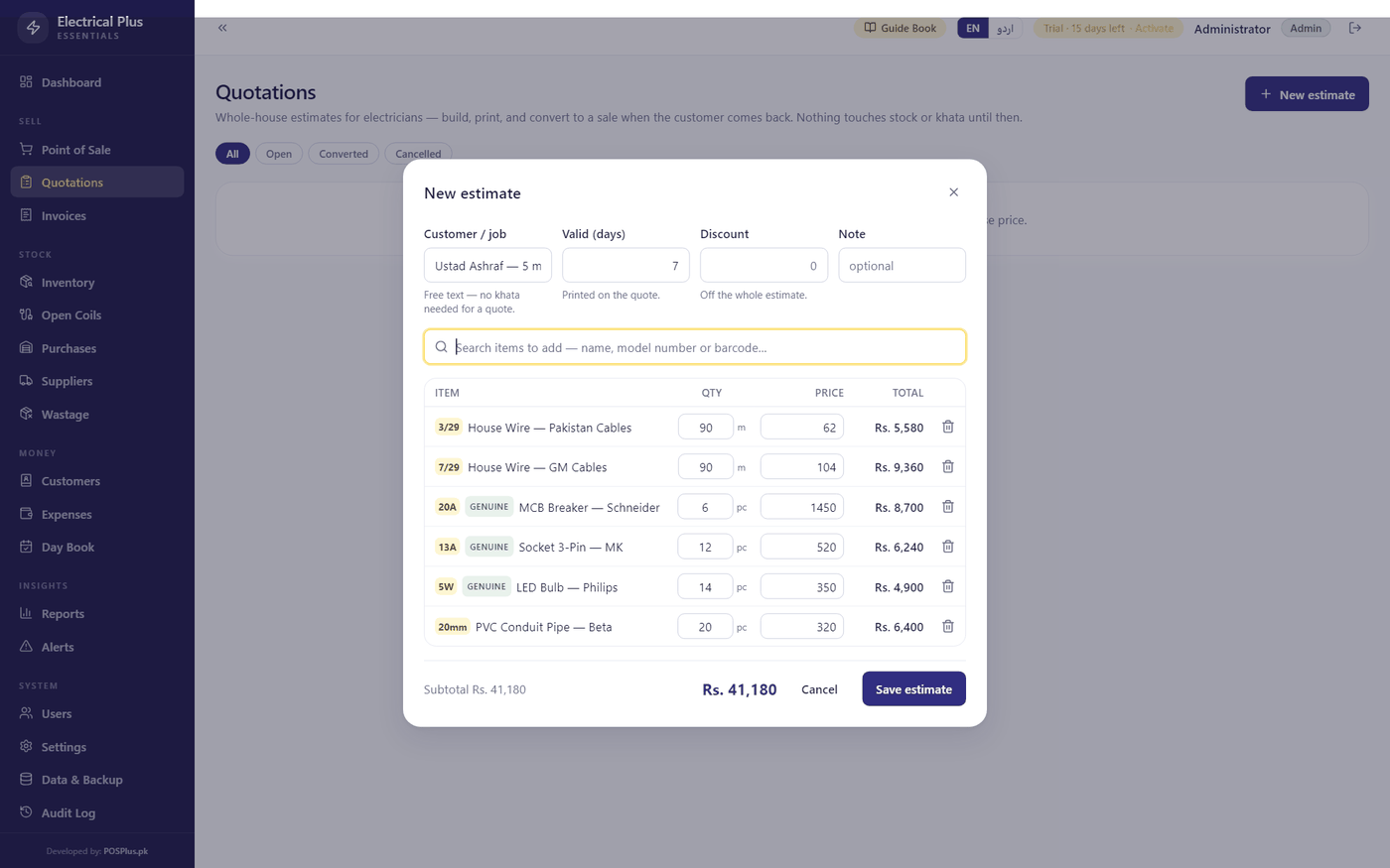 A whole house priced in minutes — converts to a bill in one tap